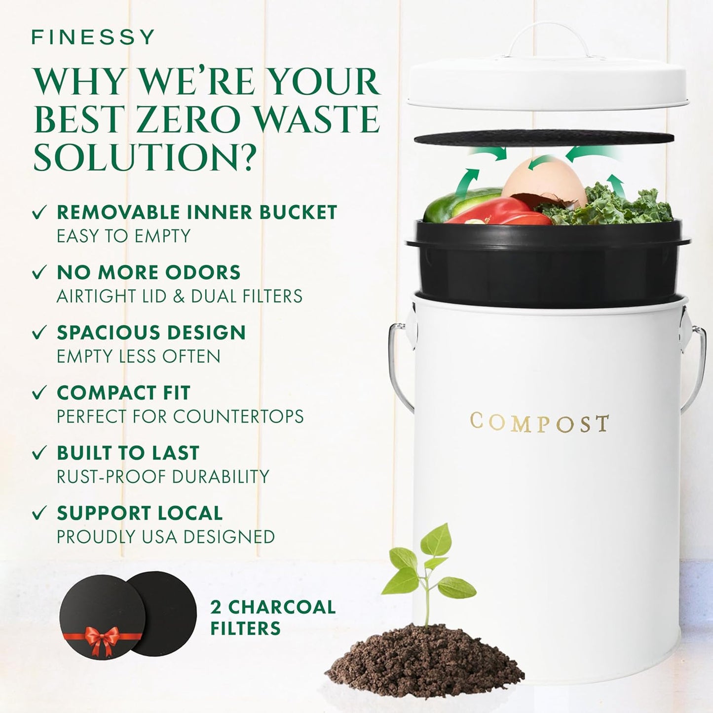 White 1.3 Galion Indoor Compost Bin Kitchen Odorless with Lid for Composting Food Waste Bucket for Counters, Stainless Steel Kitchen Compost Bin Countertop Trash Can Scrap Container Composter Caddy