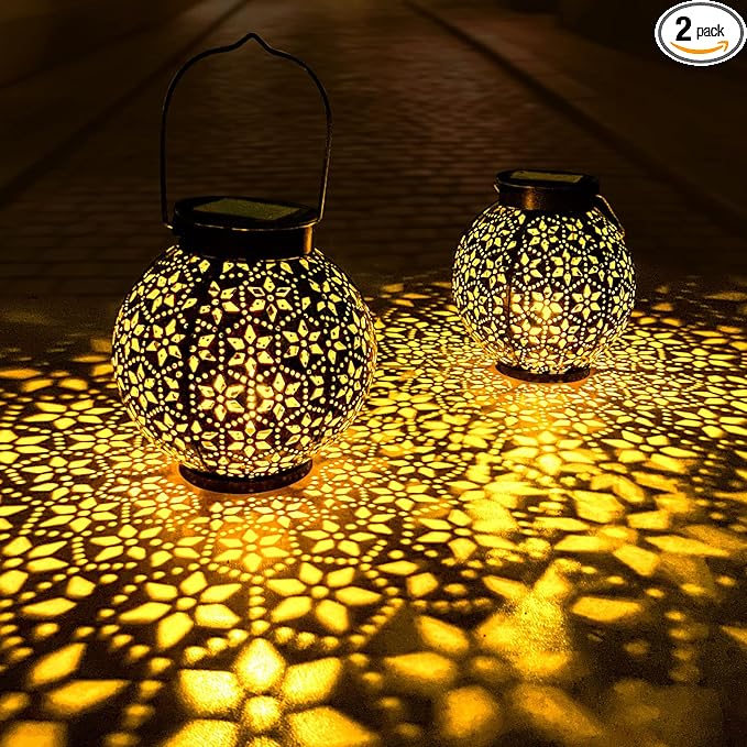2 Pack Outdoor Solar Lantern Lights, Waterproof Tabletop LED Moroccan Lanterns, Hanging Metal Decorative Garden Lights for Patio, Lawn, Porch, Backyard