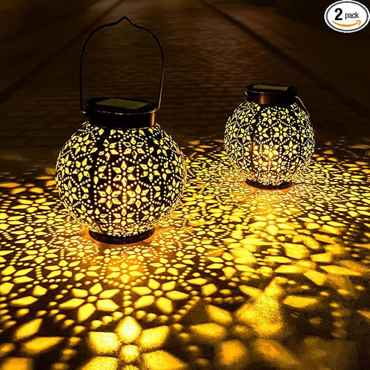 2 Pack Outdoor Solar Lantern Lights, Waterproof Tabletop LED Moroccan Lanterns, Hanging Metal Decorative Garden Lights for Patio, Lawn, Porch, Backyard