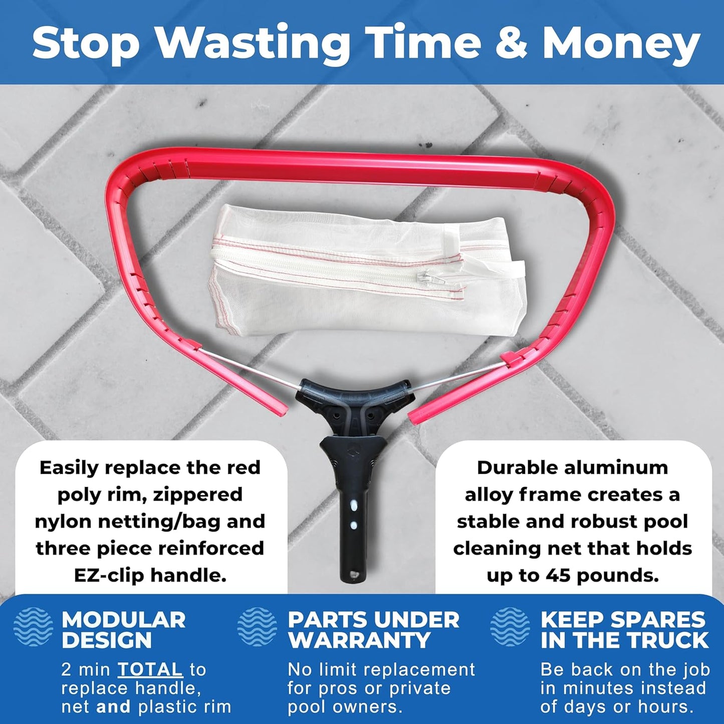 ProTuff 13" Silt Net Pool Skimmers for PROS – 6 Pack – “490 Promise” Unlimited, Unconditional Replacement – Ultra-Durable Ultra-Fine Net for Silt – Heavy-Duty Aluminum Frame & EZ-Clip Pole Attachment