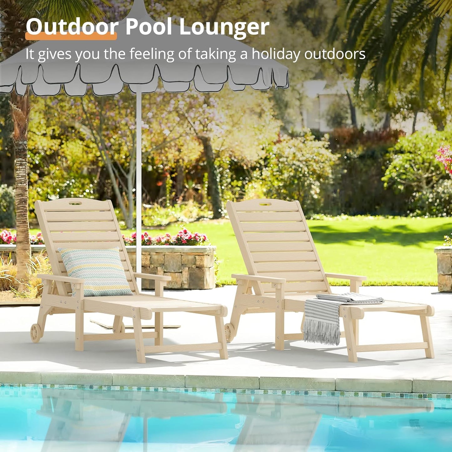 LUE BONA Outdoor Chaise Lounge Chairs Set of 2, HDPS Chaise Lounger, 5 Positions Adjustable Lounge Chairs, Pool Lounge Chair with Wheels for Poolside, Backyard, 3 Year Warranty, Sand