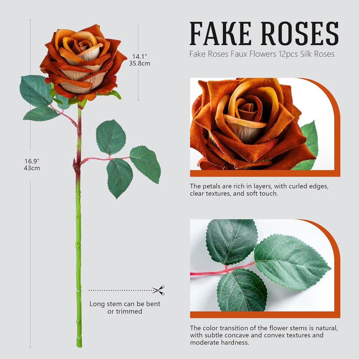 Fake Roses Faux Flowers Silk Roses Artificial Roses with Stems Realistic Artificial Flowers 16.5In Suitable for Indoor Home Decoration DIY Bouquet Wedding Decor Party Decor (Orange) 12PCS