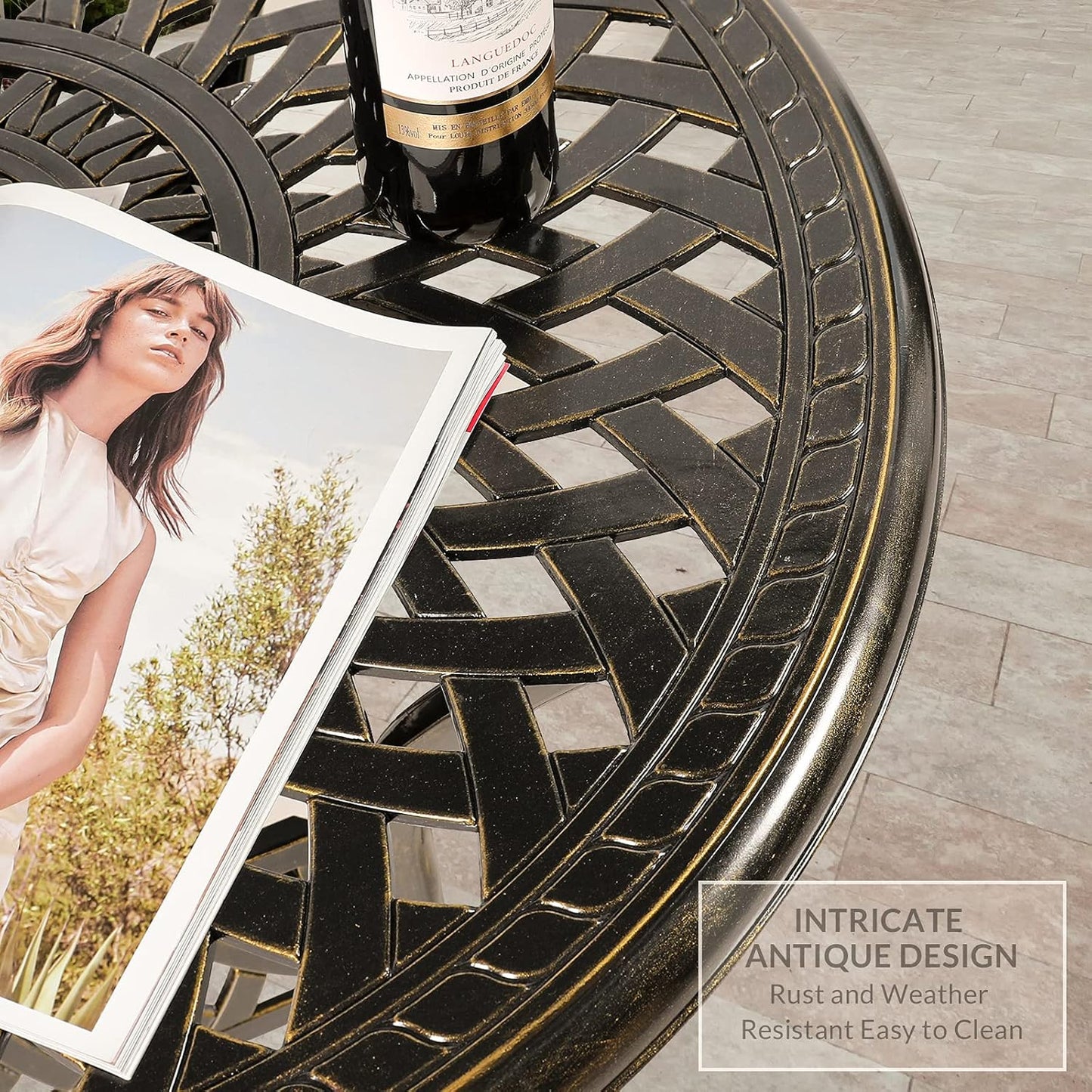 VIVIJASON 3-Piece Outdoor Patio Bistro Set, All-Weather Cast Aluminum Furniture Dining Sets Include 2 Cushioned Chairs and 31" Round Table w/Umbrella Hole for Balcony, Lawn, Garden, Backyard