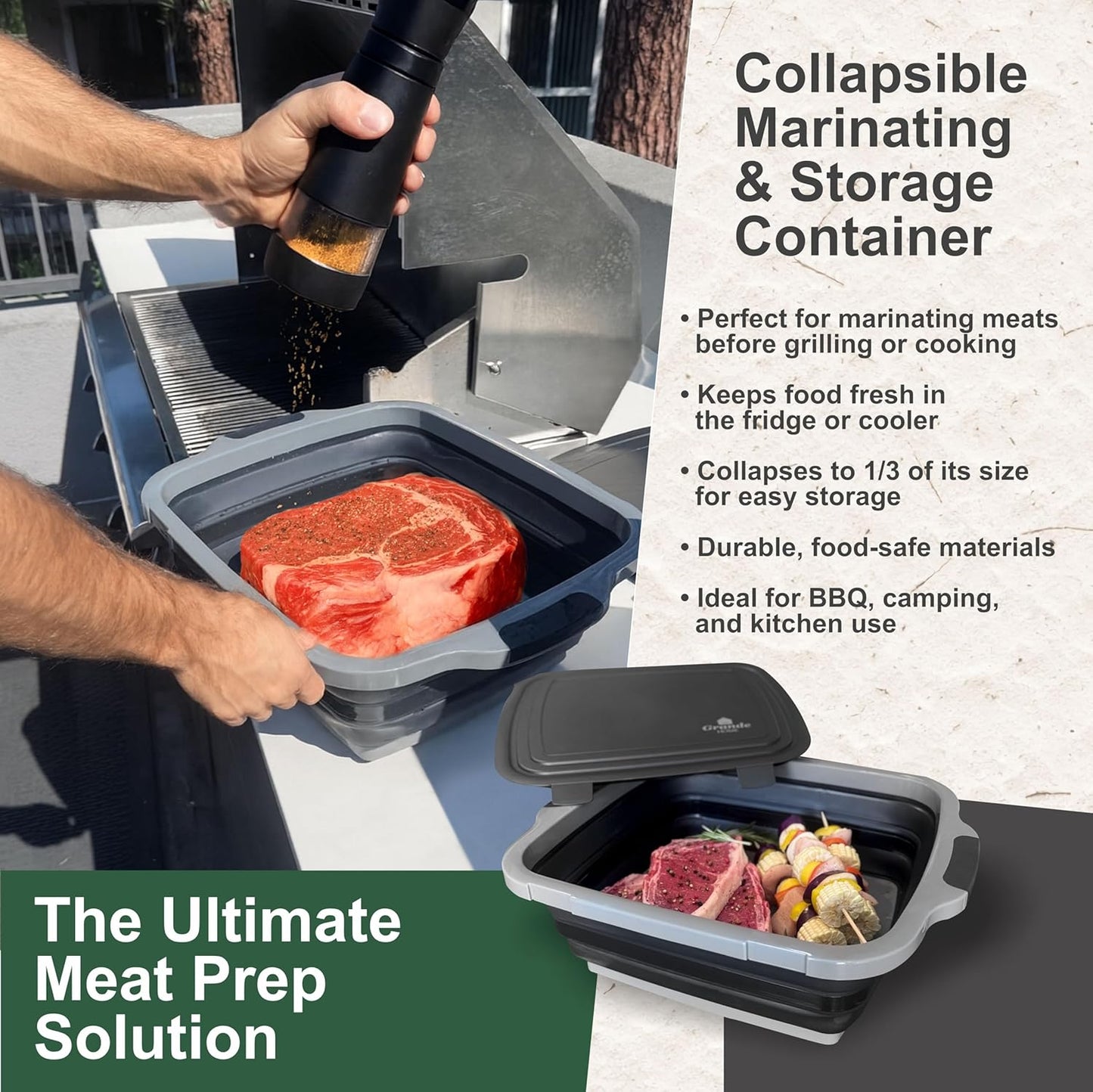 BBQ Prep Tub Collapsible X-Large with Cutting Board, Locking Lid – Meal Prep Food Prep Containers with Lids for Resting Meat –3 Adjustable Height - Ideal for Camping, Picnic, Dish Basin