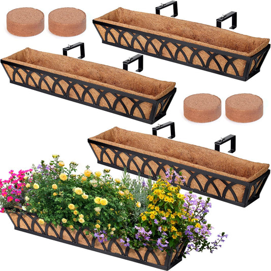 Window Box Railing, 24 Inch Black Metal Hanging Flower Planter Basket with Coco Liner for Outdoor Balcony Porch Fence Patio for Home, Office and Hotel (Black - 4 Pcs/Set)