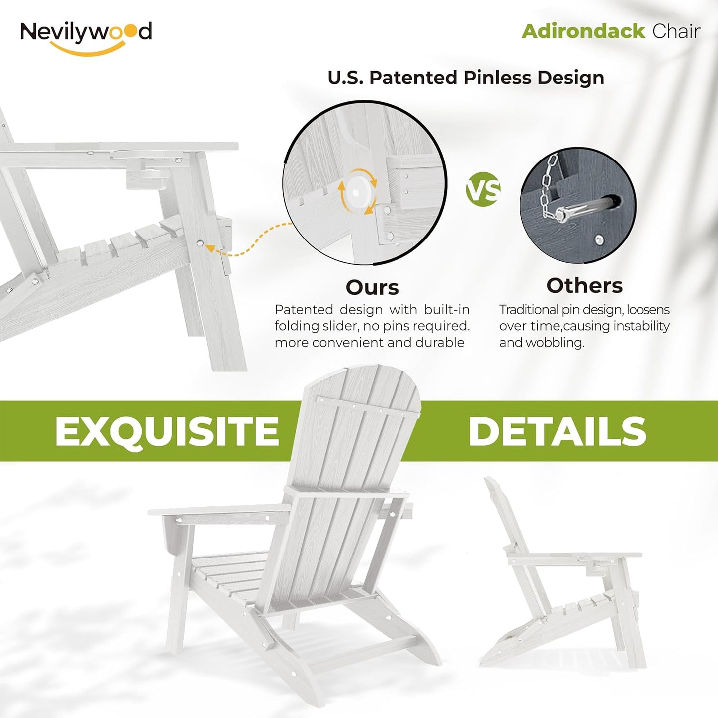 Folding Adirondack Chair, Ergonomic Extended Backrest, HDPE All-Weather, 380lbs Capacity, Maintenance-Free, Cup Holder, （White）- Outdoor Patio & Firepit Chair