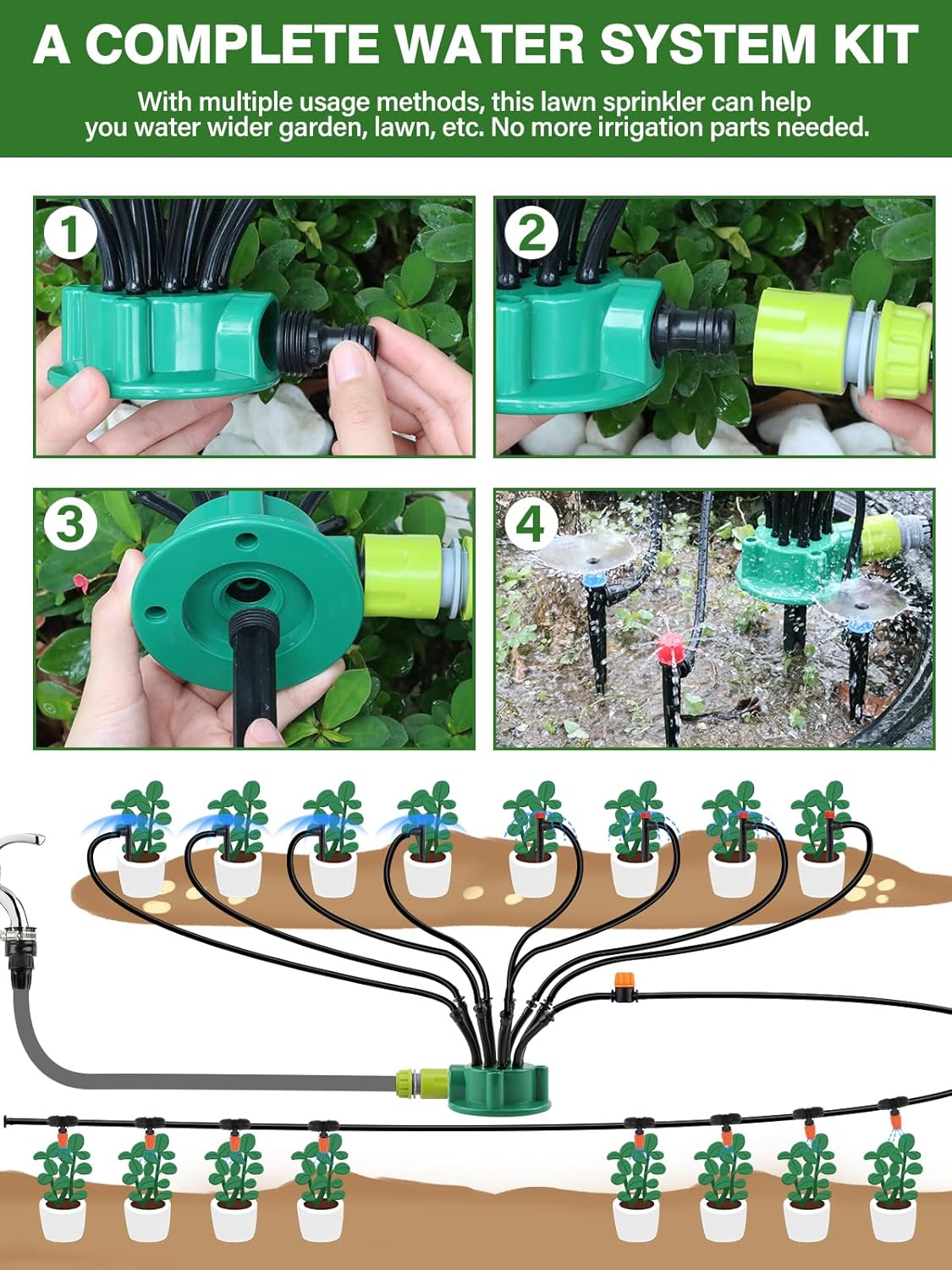 150FT Automatic Drip Irrigation Kit with Lawn Sprinkler, Kalolary 1/4" 1/2" Garden Watering System with 4/7mm 16mm Tube Locked Drip Irrigation Emitter Fittings Adjustable Sprinkler System for Outdoor