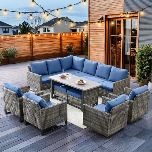 HUMMUH 9 Piece Patio Furniture PE Wicker 6-Seater Outdoor Sectional Sofa with Dinning Table Patio Swivel Chairs and Outdoor Chairs for Porch,Garden,Backyard,Deck