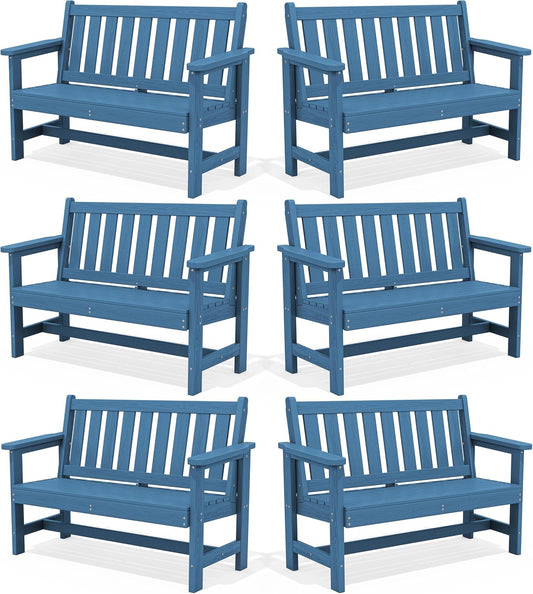 SERWALL Outdoor Bench, HDPE Outdoor Benches Weatherproof, 2-Person Garden Bench with 660 lbs Weight Capacity, Patio Benches for Outdoors, Garden, Porch, Backyard and Park, Navy, 6 Pack