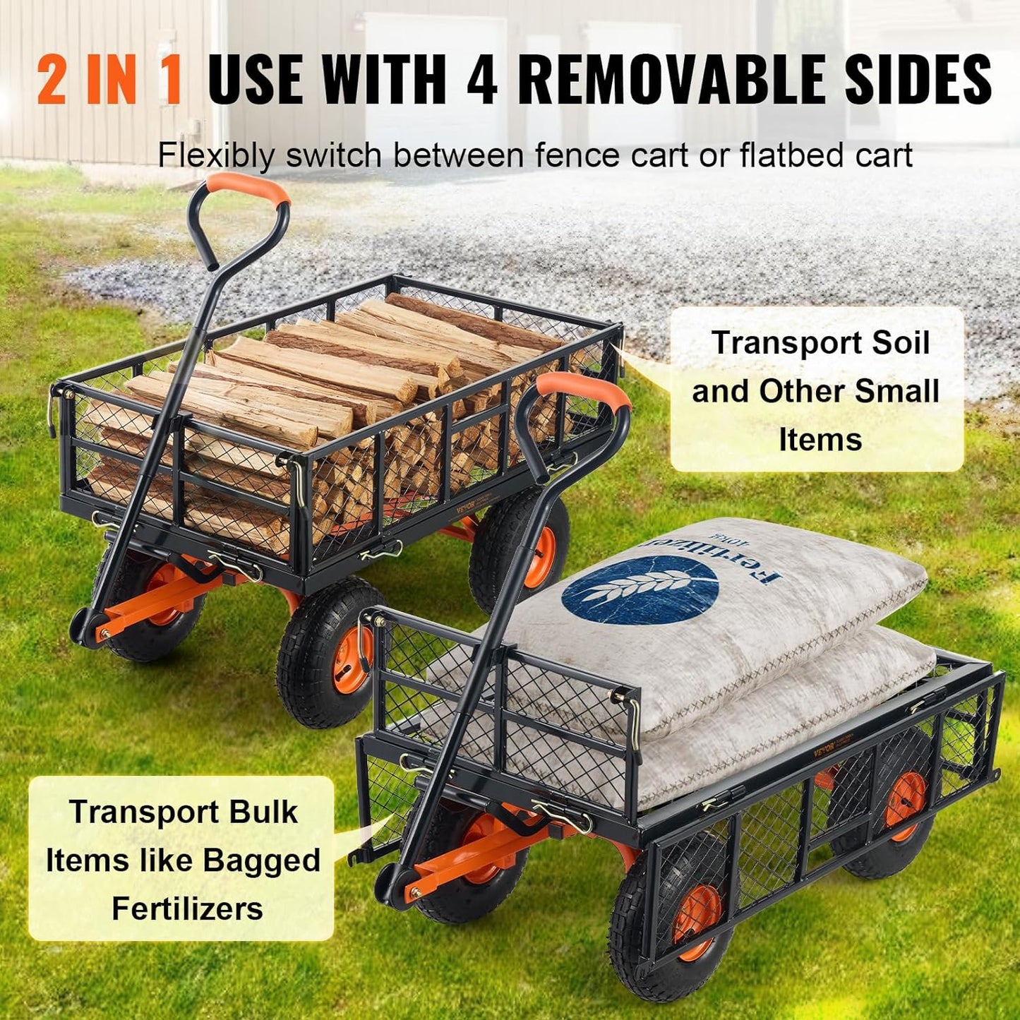 VEVOR 880lbs Steel Garden Dump Cart Utility Wagon, Heavy Duty Yard Dump Wagon Cart with Removable Sides, Pullable Handle, Utility Liner, 10in All Terrain Wheels