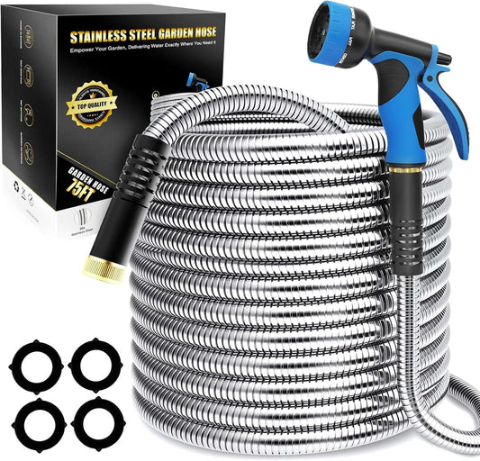 Lefree Garden Hose 75ft, Metal Garden Hose, Stainless Steel Hose with 10-Function Nozzle, Flexible Water Hose, Heavy Duty, Crush Resistant, Leak Proof, No Kinks Garden Hoses for Yard, Outdoors, Rv