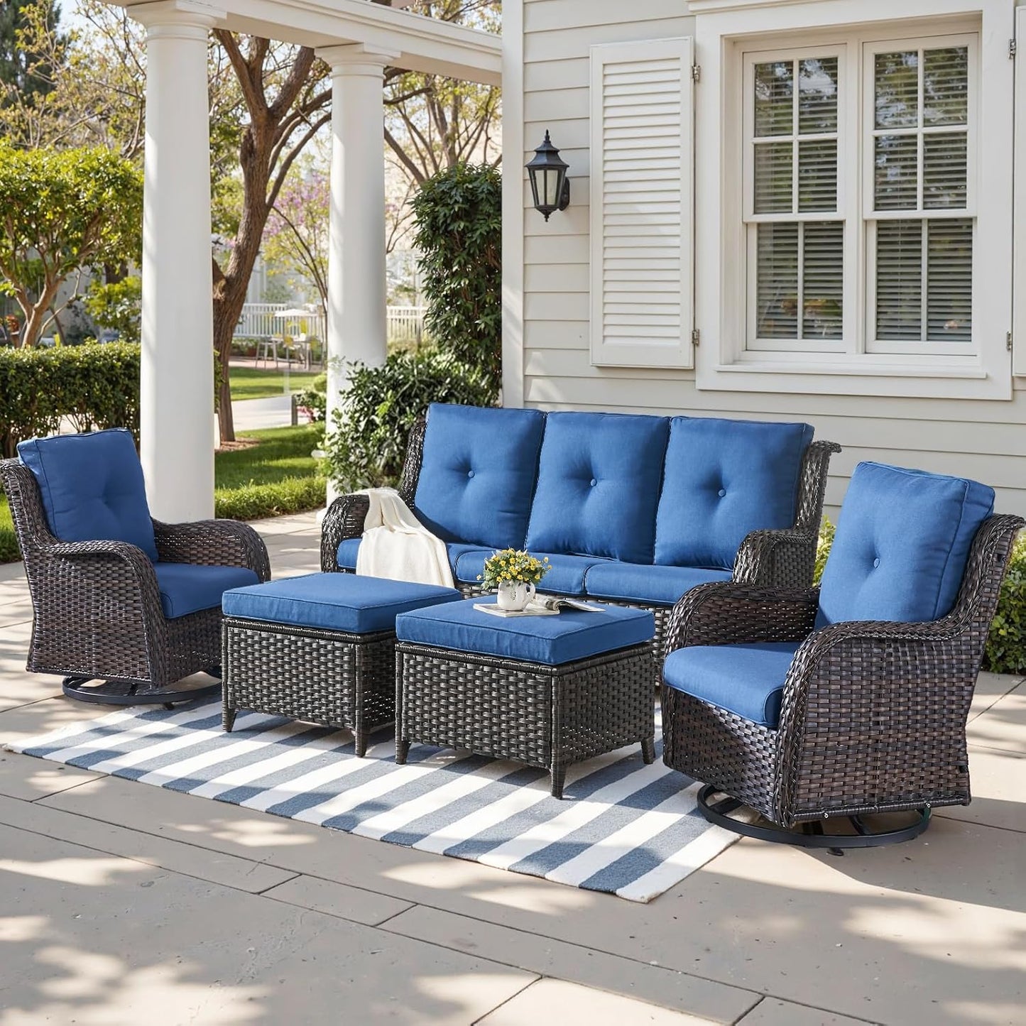 Outdoor Wicker Patio Furniture Set - 5 Piece Rattan Patio Conversation Set with 2 Rocking Swivel Chairs,2 Ottomans and 1 Sofa for Porch Deck Backyard Garden(Brown/Blue)