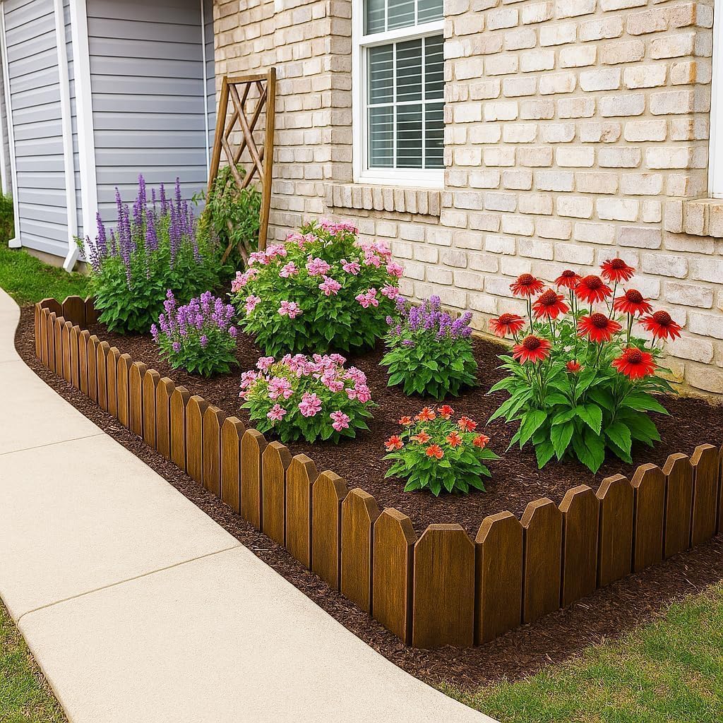 Wood Garden Edging, Wooden Fence Border Decorative Small Picket Panels for Flower Bed Barriers and Landscape Fencing (5.9" H x 47" L, 10 Pack)