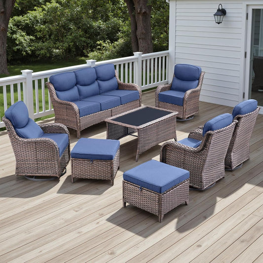 Wicker Outdoor Patio Furniture Set - 8 Piece Patio Conversation Sets with Swivel Rocker Chairs, Ottomans, Sofa and Coffee Table, 6 inch Cushions, Deep Seating, for Porch Deck Brown/Blue