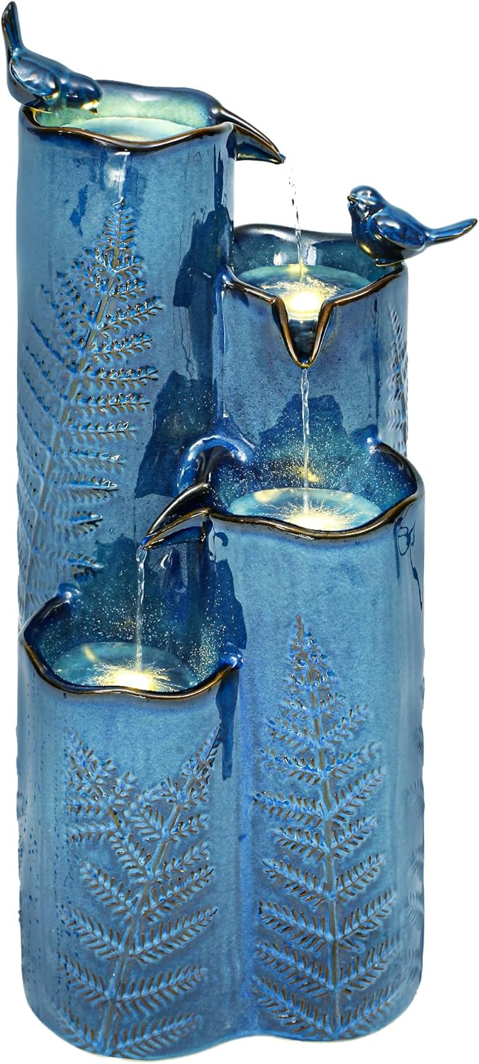 32 Outdoor Water Fountain, Unique Vase Ceramic Fountain withs Lights, 4-Tier Waterfalls with Birds, Tranquil Oasis for Garden Patio Yard Deck Balcony Decor, Tropical Fern, AquavTurquoise