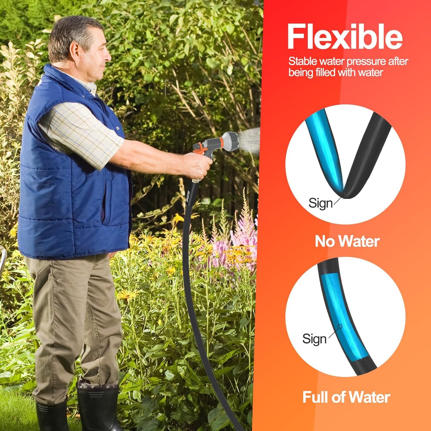 Garden Water Hose 50 ft x 5/8 in Heavy Duty, Flexible and Lightweight, Burst 600 psi, Kink-less Hybrid Rubber Pipe for Backyard, 3/4'' Brass Fittings, Black