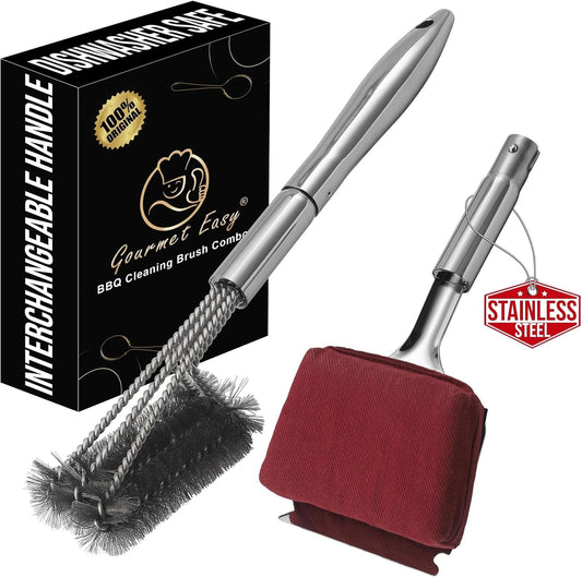Stainless Steel Grill Brush Cleaning Kit, Grilling Accessories, Interchangeable BBQ Brush & Griddle Scraper with Fire-Resistant Cleaning Sponge, Dishwasher Safe Grill Cleaner, BBQ Accessories