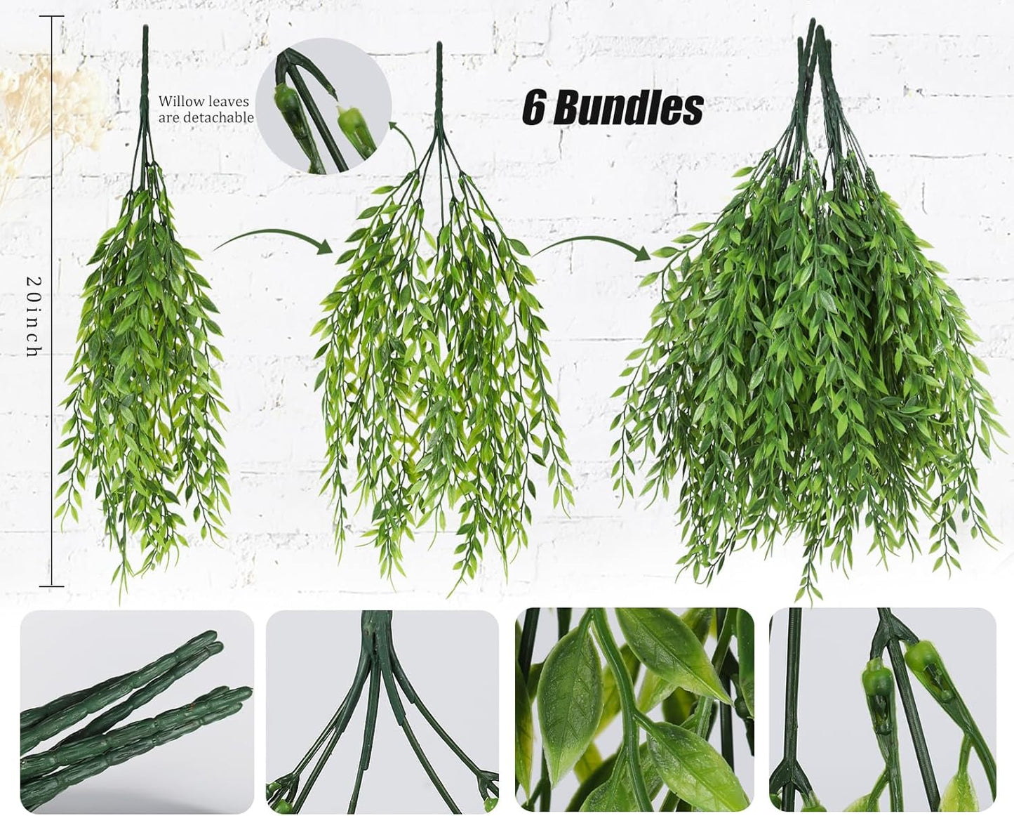 RECUTMS Artificial Weeping Willow 6Pcs,Plastic Leaves Twig Plants Greenery Fake Hanging Ivy Garland UV Resistant for Indoor Outdoor Home Garden Wall Baskets Wedding Party Table Planter Filler Decor