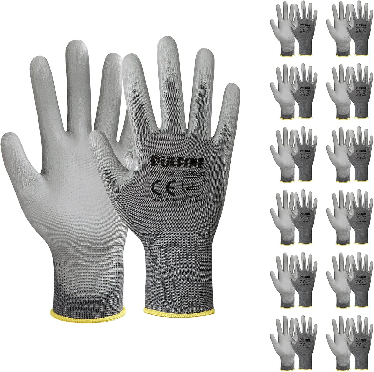 DULFINE Safety Work Gloves PU Coated-12 Pairs,Grey Seamless Knit Glove with Polyurethane Coated Smooth Grip on Palm & Fingers, for Men and Women, Ideal for General Duty Work (Large)