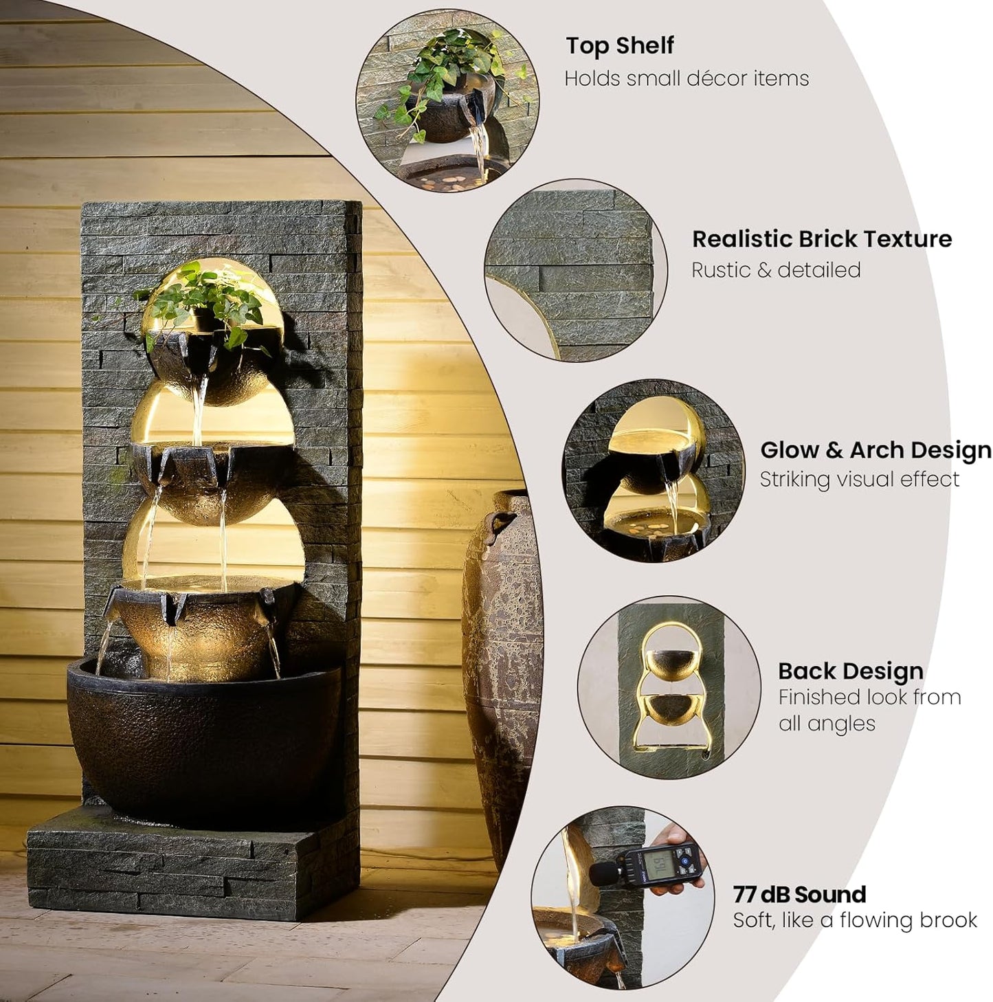 43" H Water Fountain Outdoor Garden - Large Waterfall Tiered Freestanding Cascade Bowl Fountains with LED Strips for Patio Backyard Deck Porch Home Decor, Brown