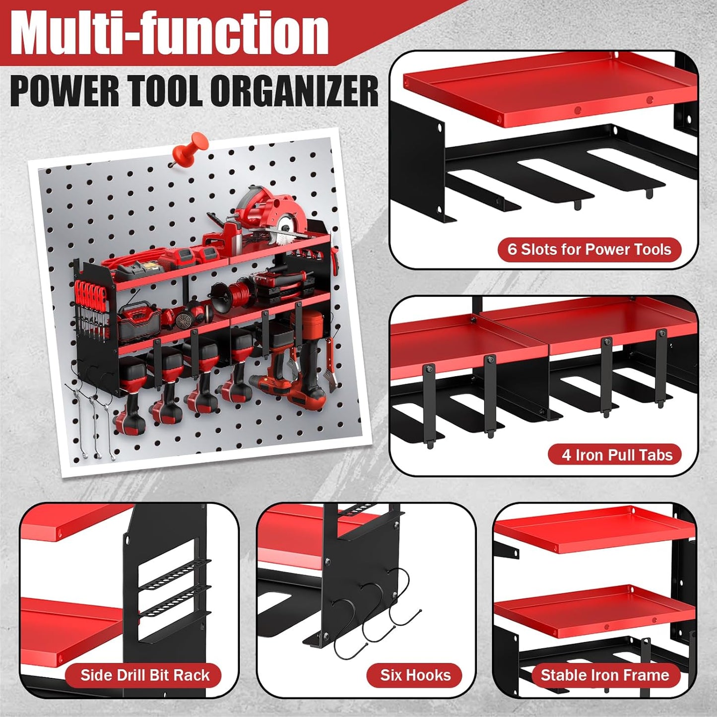 Power Tool Organizer Wall Mount with 6 Drill Holders, Heavy Duty Metal Utility Racks with Large Top Shelf & Side Hooks, Efficient and Organized Storage for Garage, Workshop, Shed, Pegboard