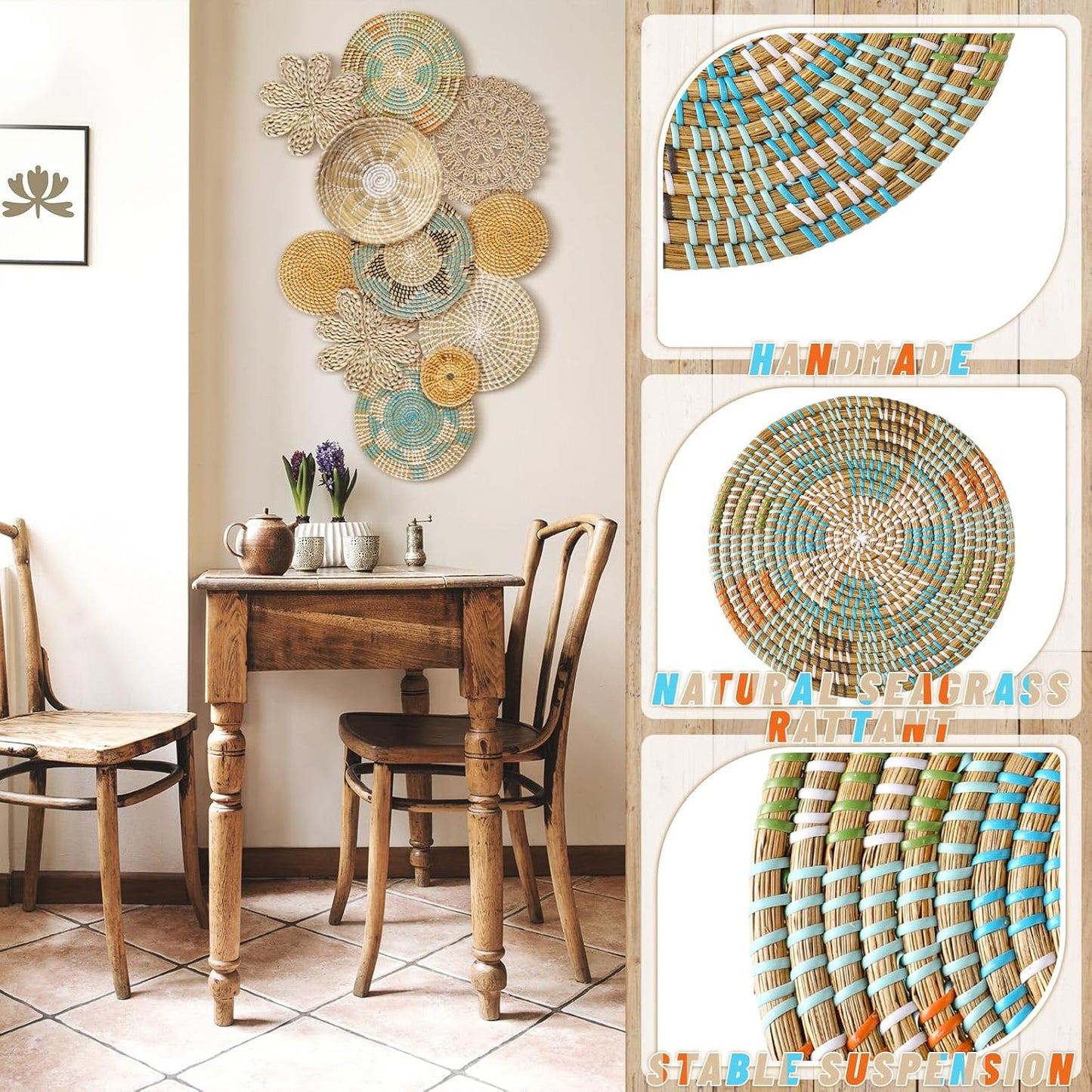 Xuhal 11 Pcs Boho Hanging Wall Basket Decor Handmade Woven Basket Wall Decorative Boho Wicker Baskets Placemats Round Farmhouse Bulrush Art for Rustic Home Decorations Christmas Gift(Bright)