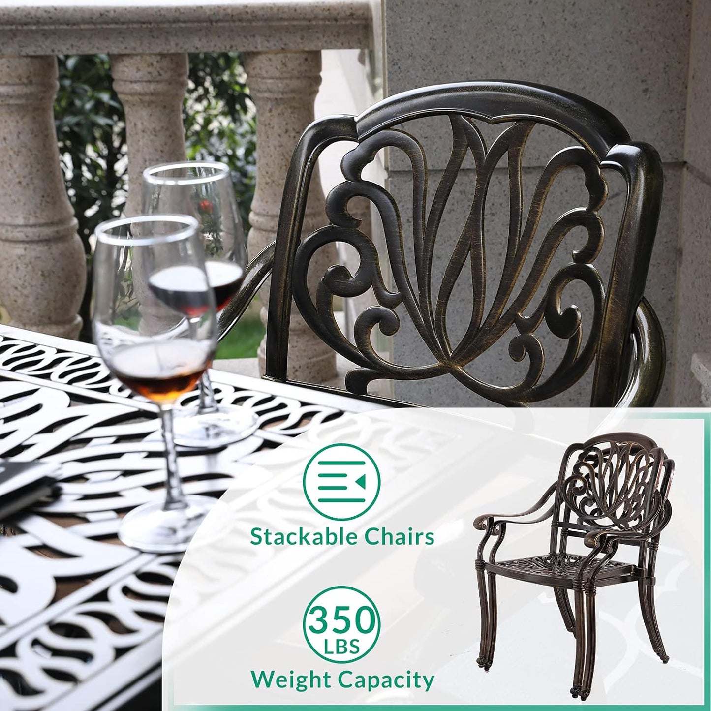 VIVIJASON 3-Piece Patio Bistro Sets, All-Weather Cast Aluminum Bistro Table Set Outdoor Patio Furniture, Include 2 Cushioned Chairs and 35.4" Round Table, 2" Umbrella Hole
