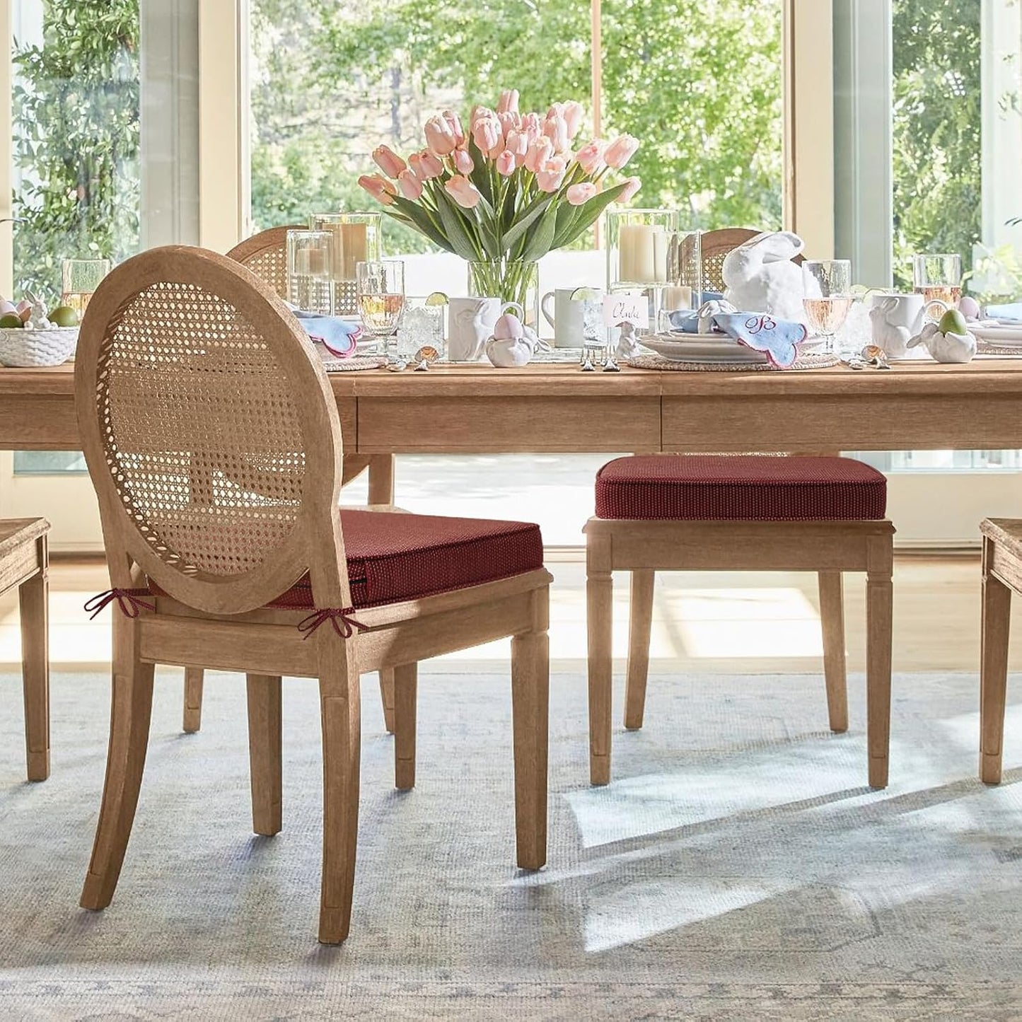 Outdoor Round Corner Seat Cushion, 17"x16"x2", Set of 4, Non Slip Seat Cushion Pads with Removable Cover for Patio Furniture, Garden Yard Lawn, Tan Dotted Red Base