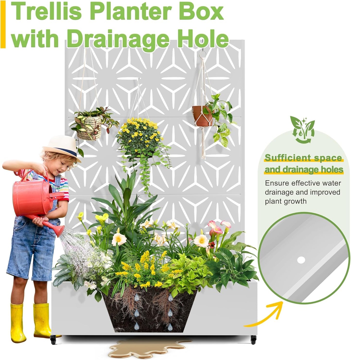 FENCY Metal Raised Garden Bed with Wheels and Trellis,73"x47"x16" Planter Box for Climbing Plants, Vegetables & Vines, Features Privacy Screen and Drainage Holes (White-Star)