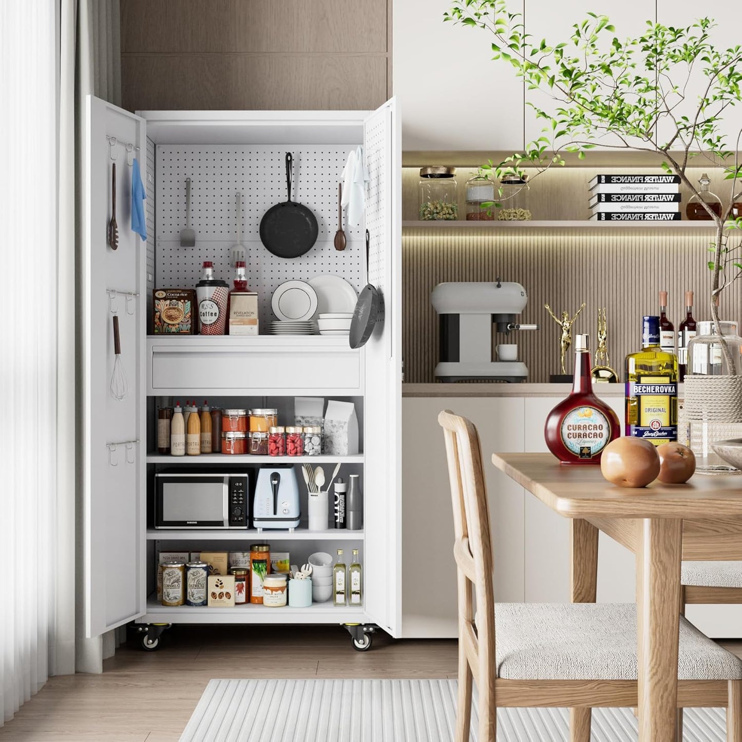 Metal Garage Cabinet with Wheels,71''H Rolling Lockable Steel Tool Cabinet with Pegboard & Drawer for Garage,Home,Office Assembly Required,White