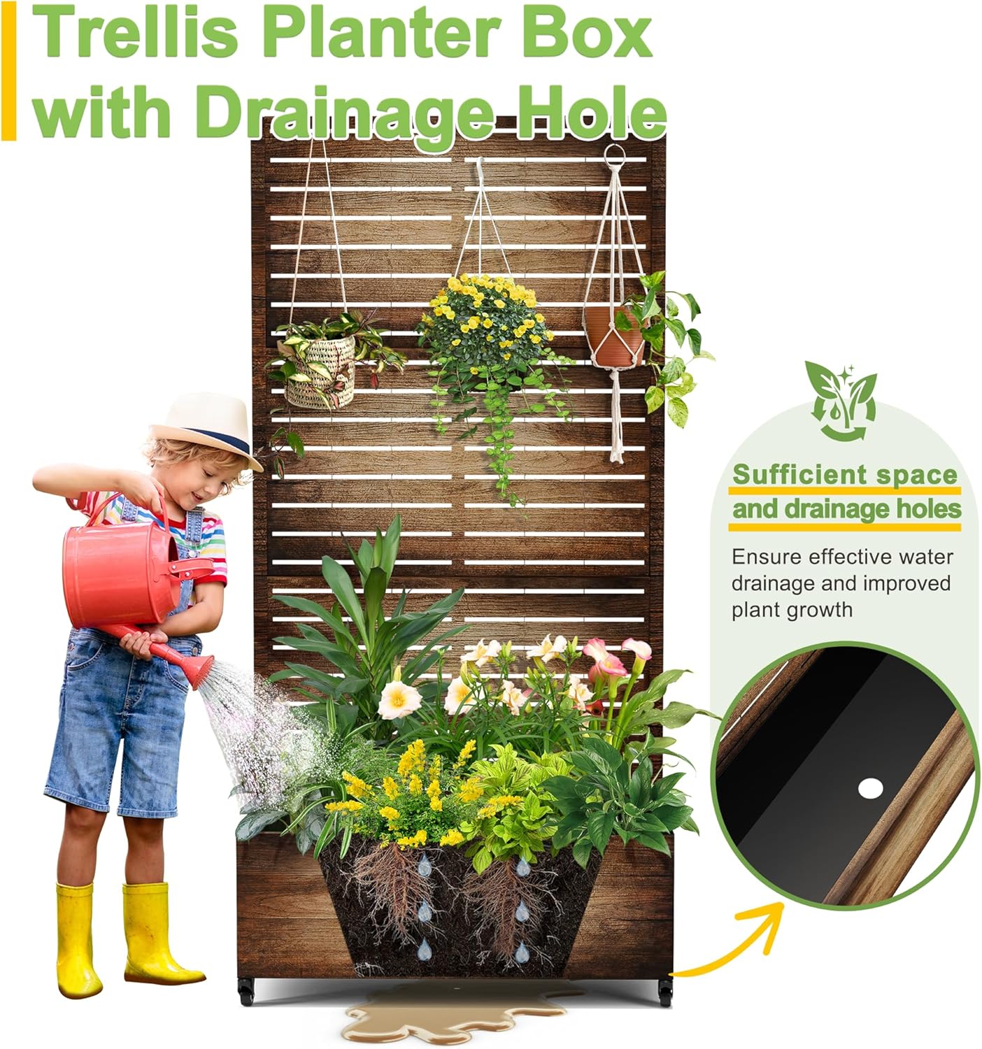 FENCY Metal Raised Garden Bed with Wheels and Trellis,73"x35"x16" Planter Box for Climbing Plants, Vegetables & Vines, Features Privacy Screen and Drainage Holes (Vintage Wood Color)