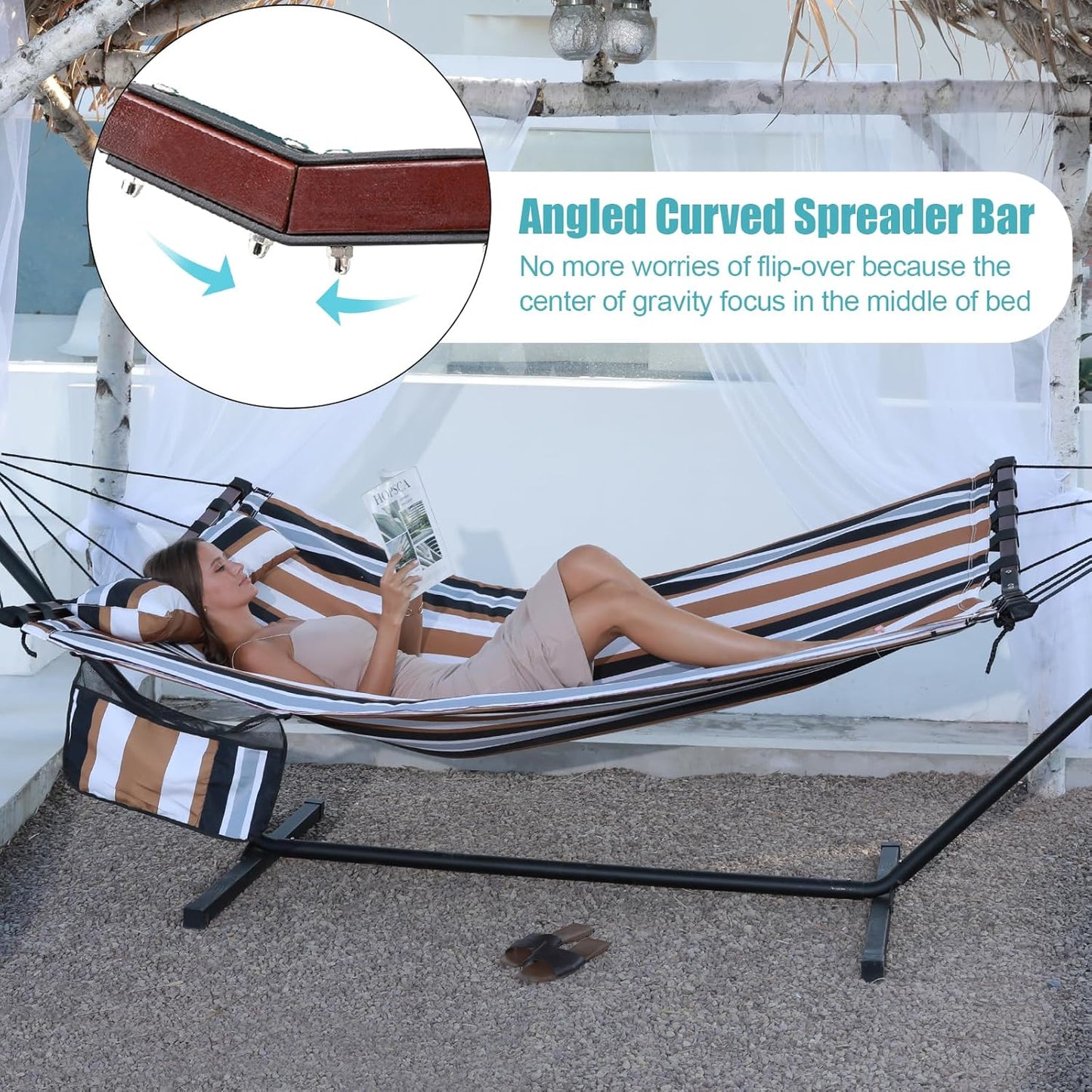 TegerDeger 12FT 2 Person Hammock with Stand Included 55 x 79IN Large Hammock 450LB Capacity with V Shaped Hardwood Spreader Bar & Nylon Rope for Outside, Patio, Garden, Backyard, Beach- Coffee Stripes