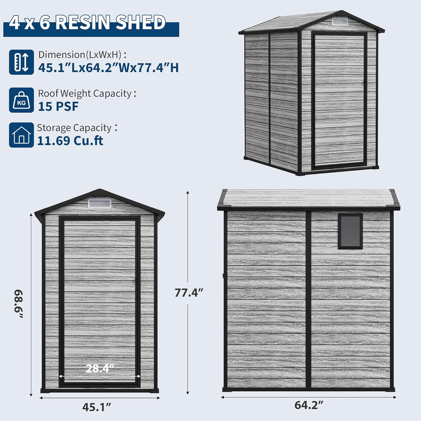 All-Weather Plastic Shed with Window, Outdoor Resin Garden Shed with Lockable Door and Vents, Outdoor Resin Storage Sheds for Backyard, Patio, Lawn, Tool, Bike