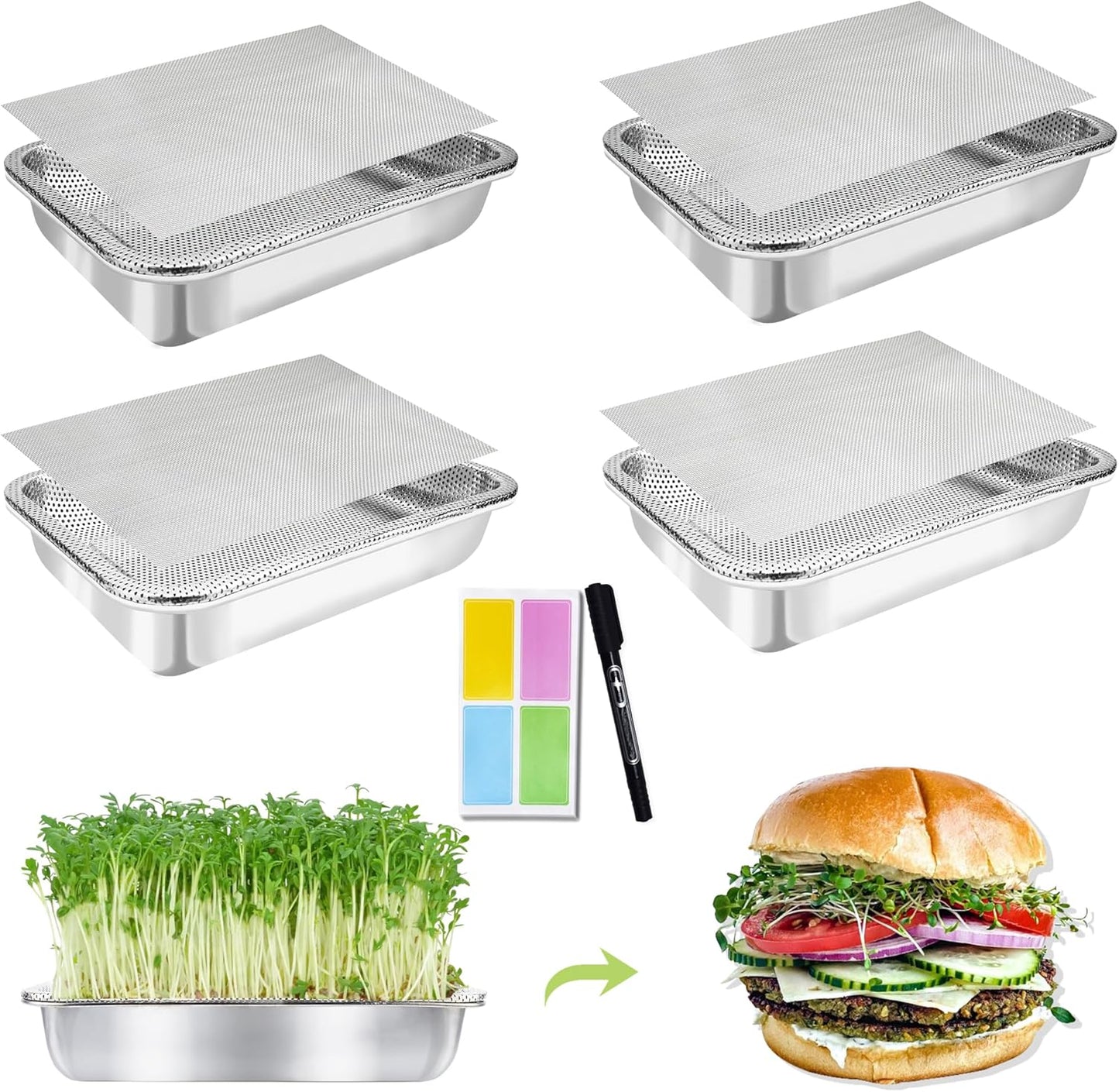 Stainless Steel Sprouts Growing Kit 4-Tier 10.4 inch Trays, Microgreens Growing Kit, Seed Sprouting Tray with Encrypted Mesh Sprouts for Beans Alfalfa Broccoli Wheat Grass