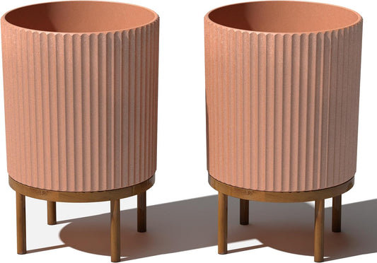Veradek Demi Series Round Planter w/Stand for Porch/Patio | Durable Plastic-Stone Composite & Wooden Stand | Modern Décor for Tall Plants, Flowers