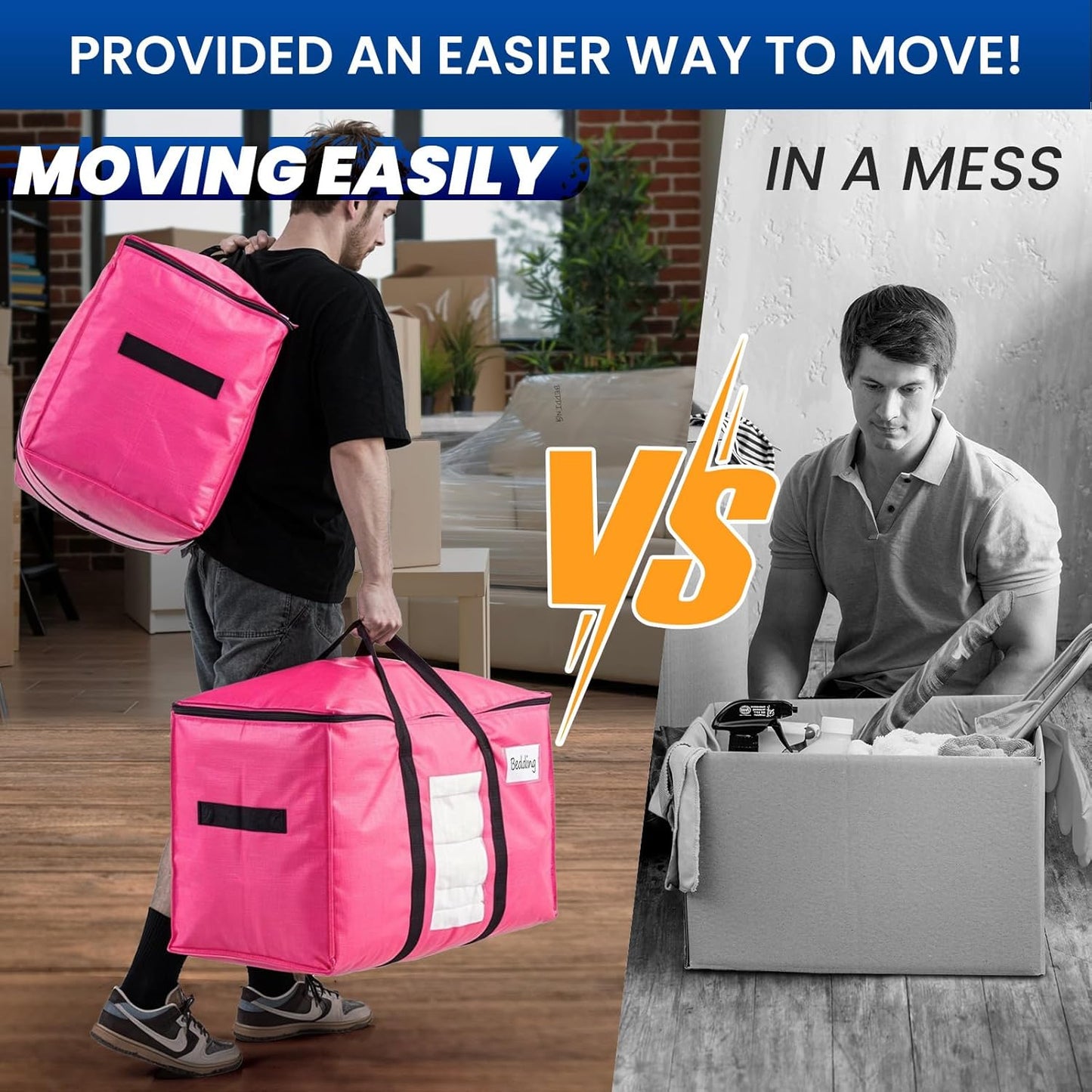 TAILI 2 Pack Pink Extra Large Moving Bags, Heavy Duty Totes with Visible Window, Wrap Around Handles, Space-Saving Storage, Alternative to Moving Boxes