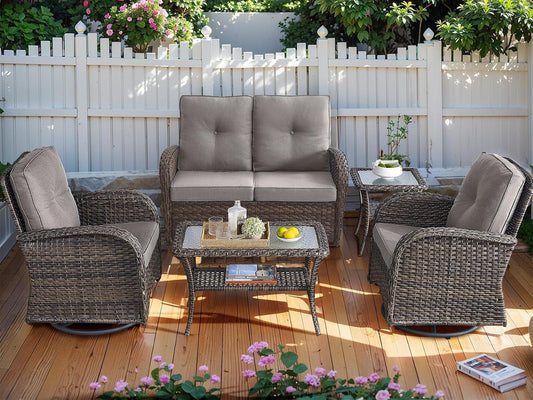 HUMMUH 5-Piece Patio Furniture Wicker Outdoor Conversation Set,All-Weather Rattan Swivel Chairs Bistro Set with Loveseat Coffee Table for Backyard,Poolside,Deck(Brown/Grey)