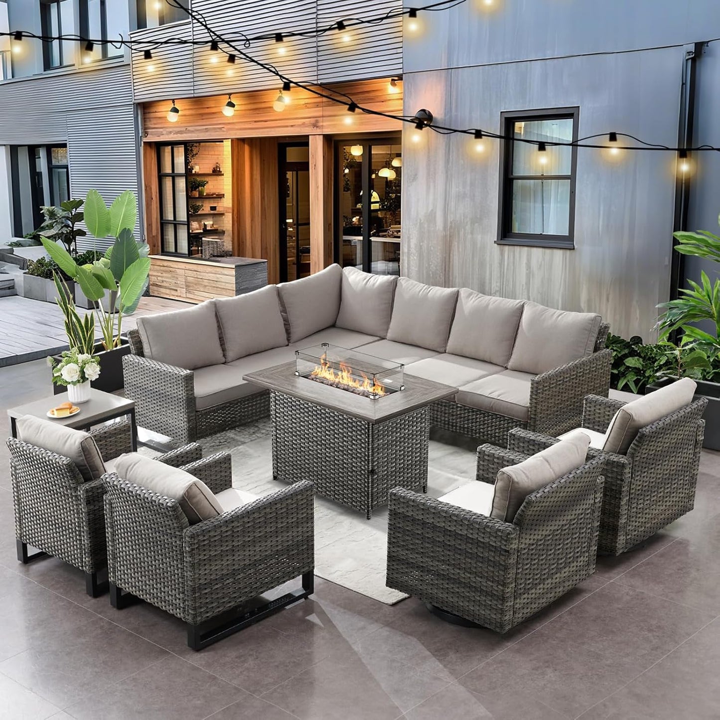 HUMMUH 8 Piece Patio Furniture with Fire Pit,PE Wicker Outdoor Conversation Sets-6-Seater Sofa,Patio Swivel Chairs Outdoor Chairs, Propane Fire Pit,Side Table for Porch,Garden,Backyard