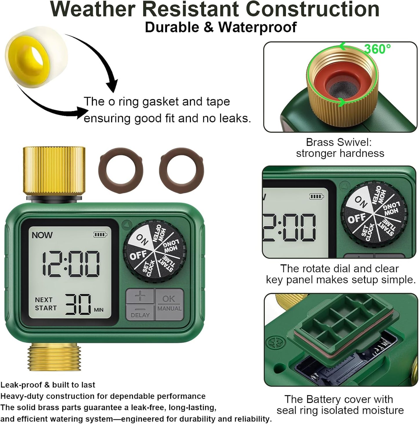 Sprinkler Timer Brass, Programmable Water Timer with Rain Delay, Manual& Automatic System for Garden Hose Faucet, Waterproof Gardening Supplies Irrigation Controller Watering Lawn Evenly& Efficiently