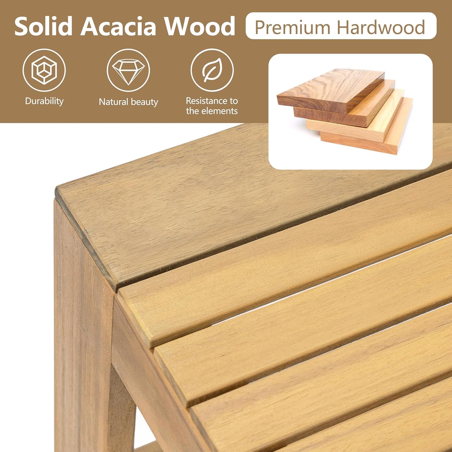 Outdoor 5 Pieces Sectional Patio Sofa Set, Acacia Wood Conversation Set with Coffee Table, Ottoman and 2 Chairs for Backyard Porch Garden Balcony