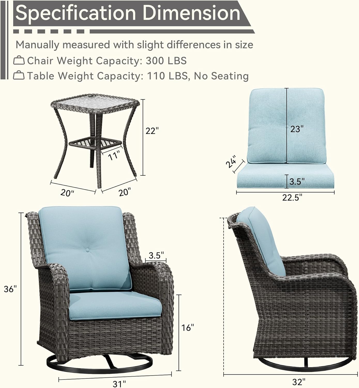 3 Pieces Outdoor Furniture Set - Patio Wicker Swivel Rocker Chair Set of 2 and 1 Side Table, Light Blue, Mixed Brown Rattan, Suitable for Porch, Yard