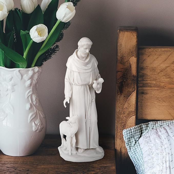 Design Toscano Francis of Assisi, Patron of Animals Religious Statue Figurine, 11 inches tall, Cast Marble Resin, White Finish