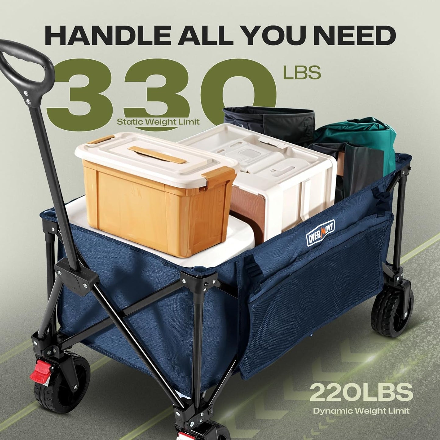 Overmont Collapsible Wagon Cart with Wheels - 180L Foldable Heavy Duty Wagon with Big All-Terrain Wheels - 330Lbs Weight Capacity with Side Pockets for Camping Sports Garden Grocery Shopping Blue