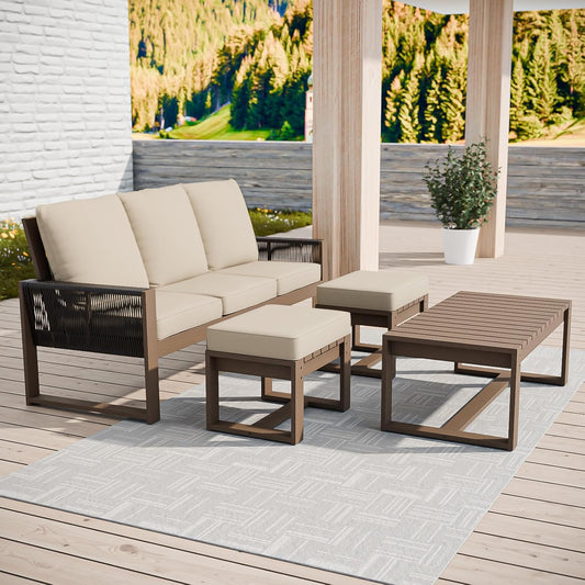 EAGLE PEAK Natural Wood Outdoor Patio Furniture, Cedar Furniture, Conversation Set, Outdoor Seating for Deck Patio Porch, Sofa, 2 Ottomans & Coffee Table, 4 Pieces, Brown/Beige