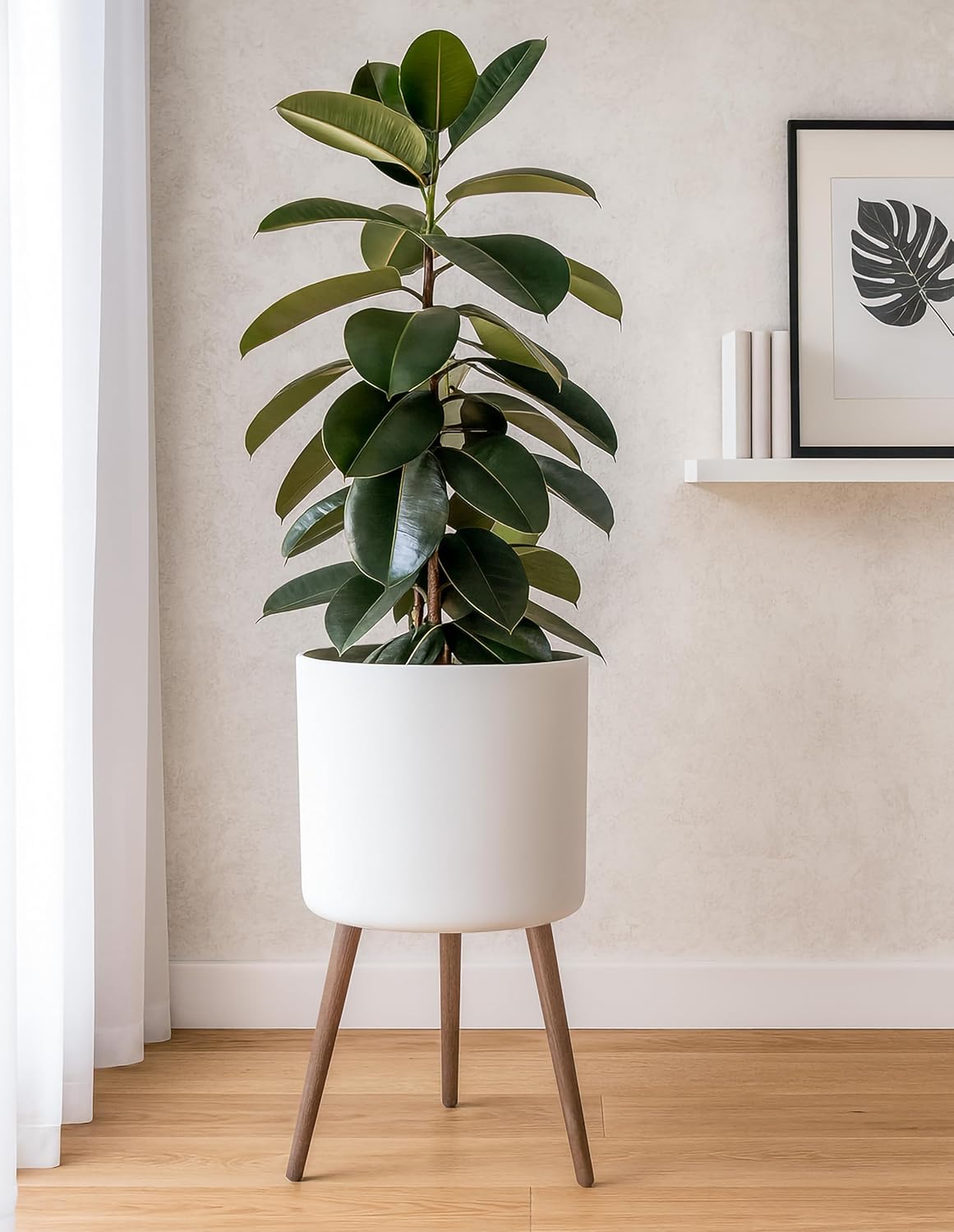 D'vine Dev 16 Inch Planter Pot with Stand, Mid-Century Tall Plant Pot with Legs for Indoor Plants, XX-Large, White, 88-O-E-1