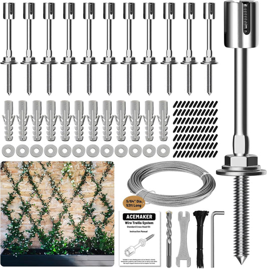 Wire Trellis for Climbing Plants Outdoor, 12-Set Wall Wire Trellis Kit with 5/64"(2mm) x 53ft Stainless Steel Cable, T316 Espalier System for Fence and Garden DIY Projects