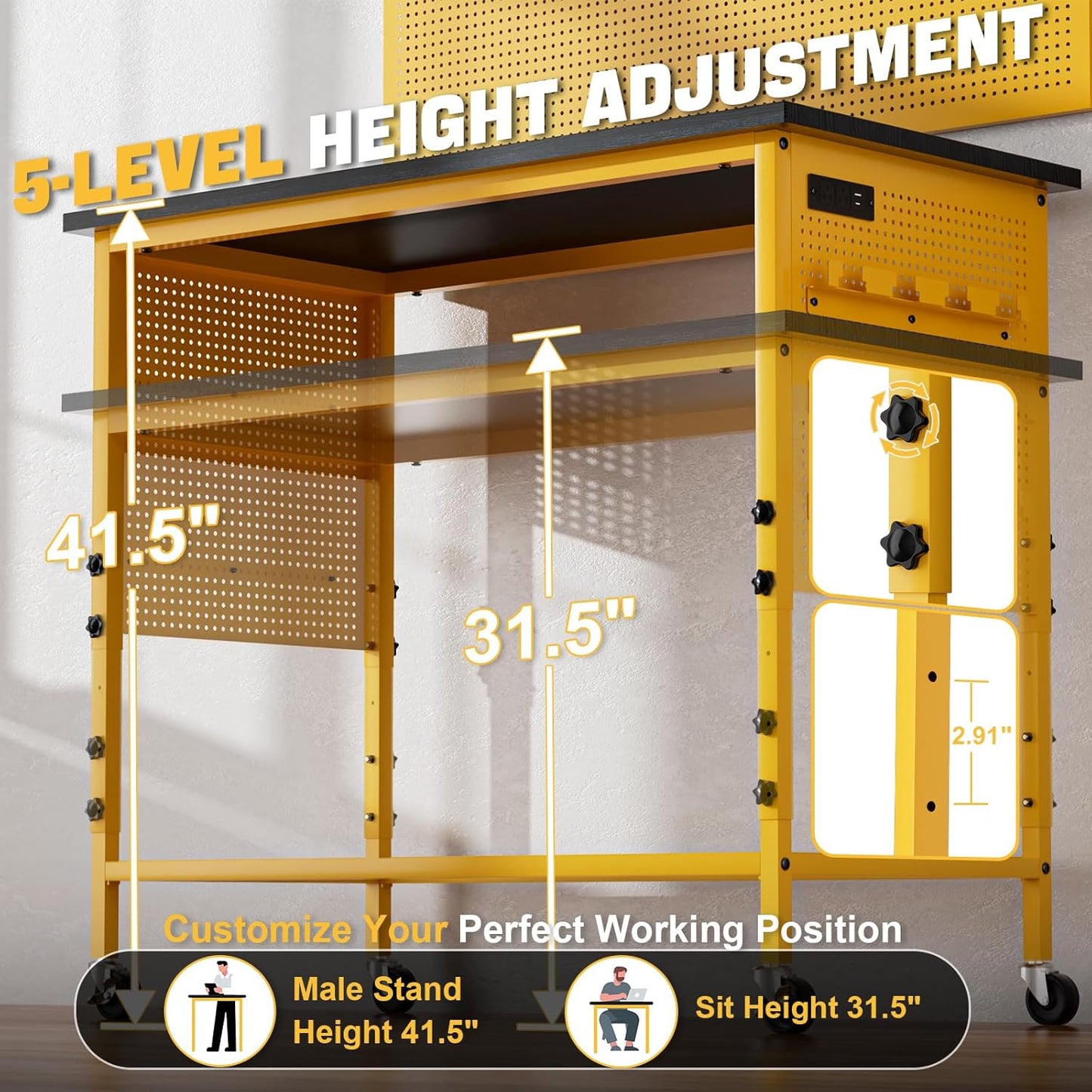 47" Heavy Duty Adjustable Workbench with Power Outlets, Pegboard & Locking Wheels - 2100LB Capacity Garage Work Table, Compatible with DeWalt Battery, Reinforced Steel Frame for Workshop & Home Use