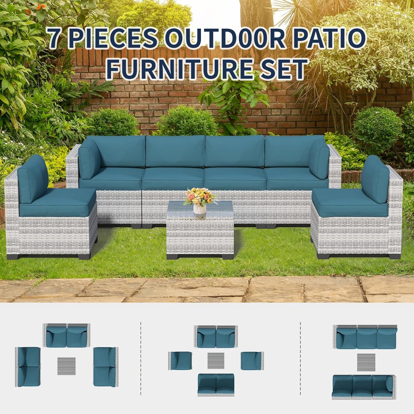 7 Piece Patio Furniture Set, Rattan Outdoor Patio Conversation Sets, Outdoor Sectional Furniture with Waterproof Cushion and Coffee Table, for Deck, Backyard, Garden, Peacock Blue-2