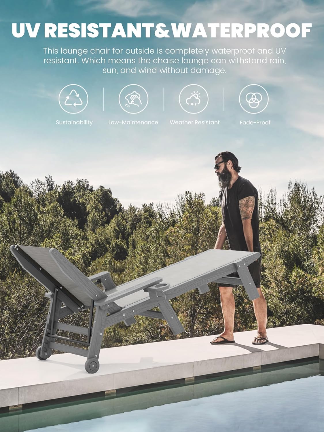 SERWALL Patio Chaise with 5 Positions - Textilene Outdoor Lounge Chair, Rolling Wheels - Poolside, Deck, Grey