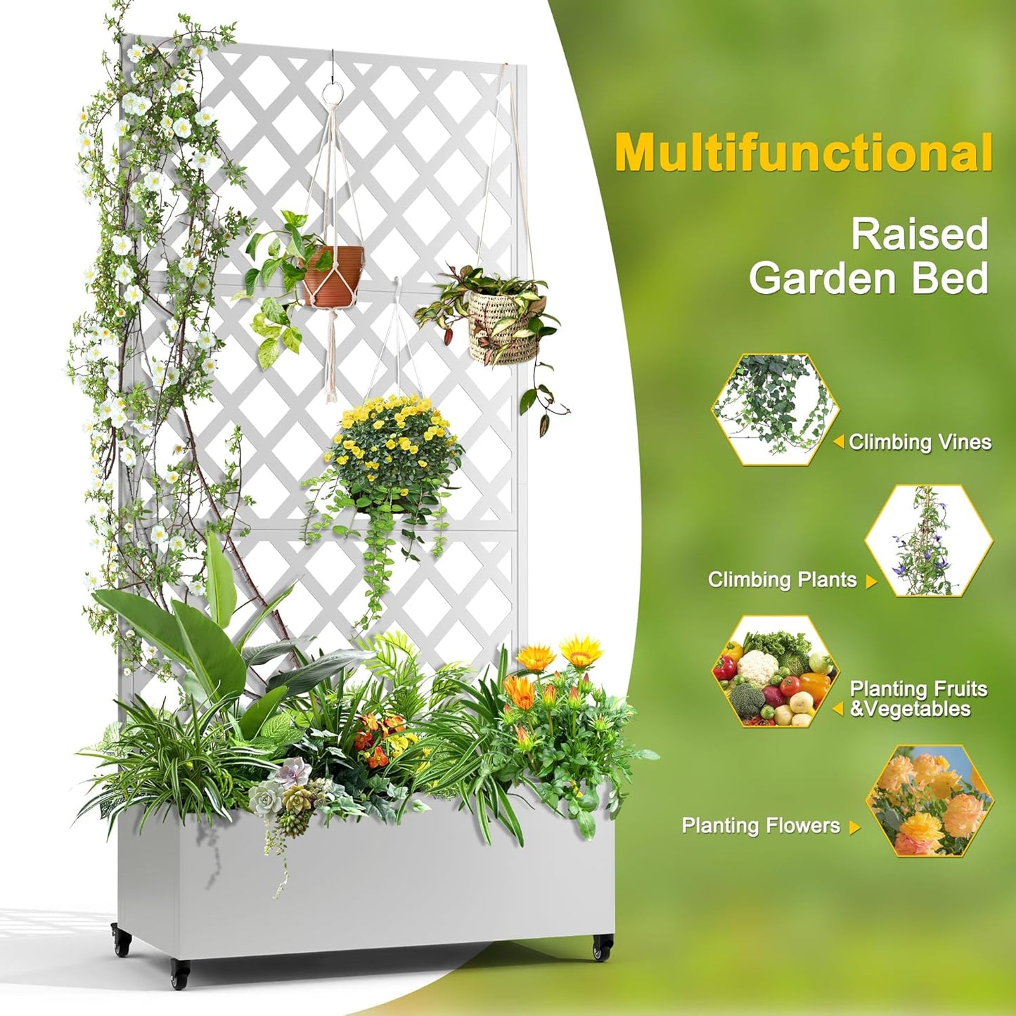 FENCY Metal Planter Box with Diamond Lattice Trellis Planter Box for Climbing Plants/Vines, Galvanized Raised Garden Bed On Wheels, Garden Bed with Trellis(73"x35" White)